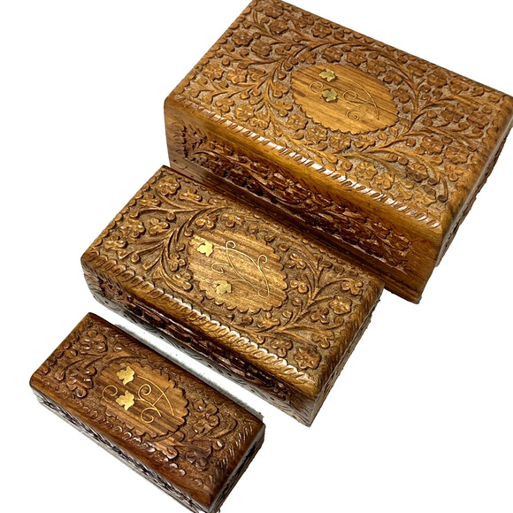 Vintage Carved Wood Nesting Boxes (3) Ornate Hinged Brass Inlay Stacking Jewelry